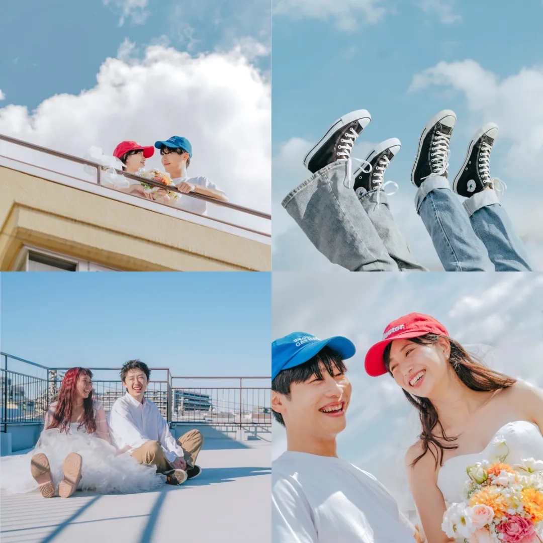 屋外で向き合うふたりの前撮り写真